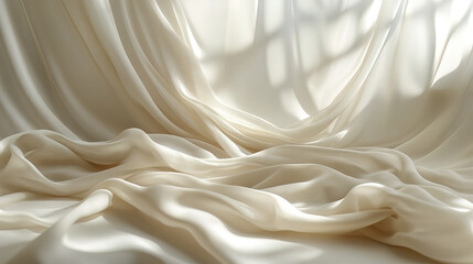 Soft flowing fabric drapes in neutral tones create elegant atmosphere