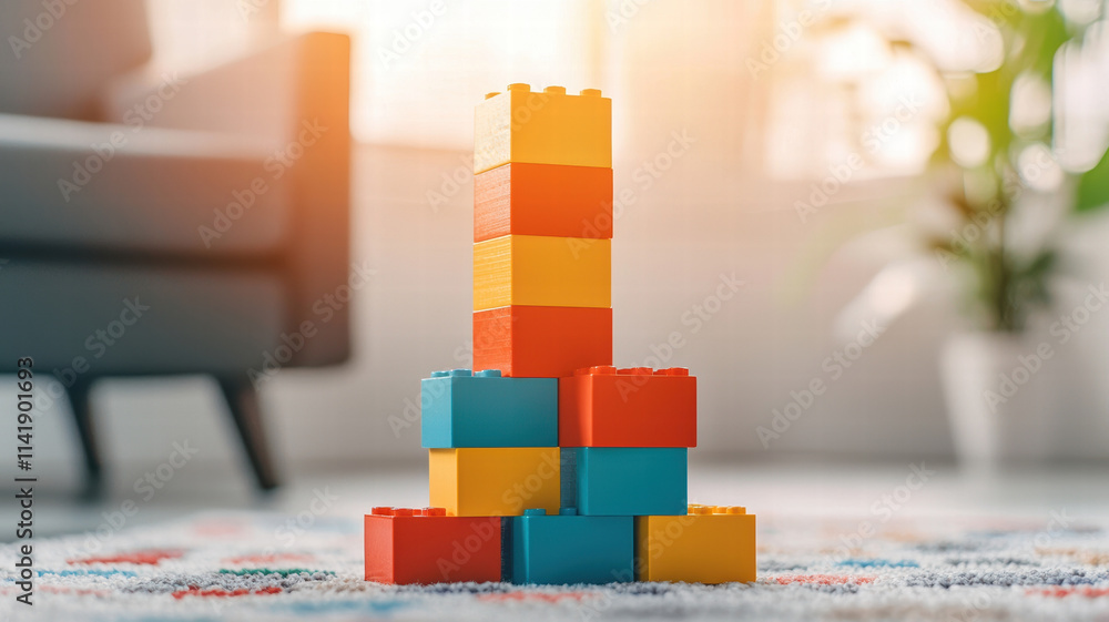 Poster colorful building blocks stacked on carpet in bright room, creating playful atmosphere. vibrant colo
