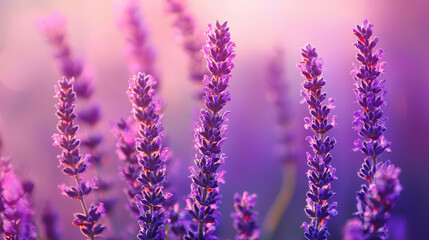 Fototapeta premium Beautiful lavender flowers blooming in soft purple hues with dreamy bokeh background highlighting nature's tranquility and elegance for creative projects