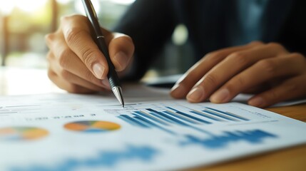 Investor reviewing digital financial documents with market analysis and rising graphs 