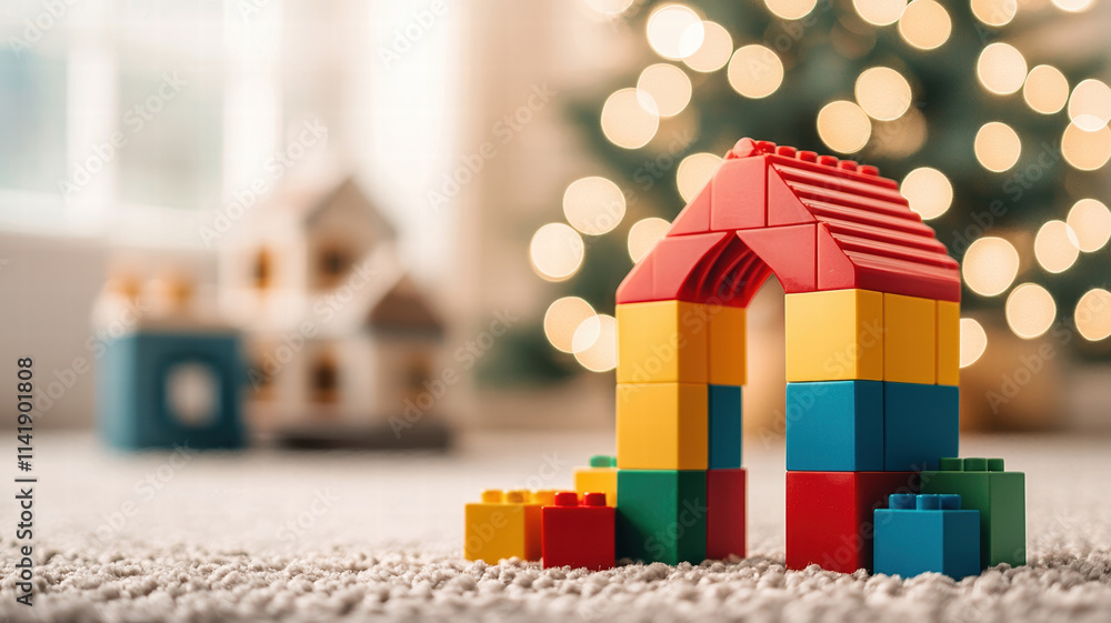 Poster colorful building blocks arranged in playful structure on carpet, with festive background of blurred