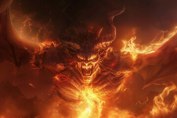 Scary sinister devil is in hell with dramatic fire lighting