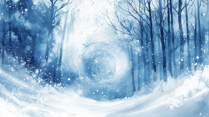 Snowstorm in a forest with swirling snow.