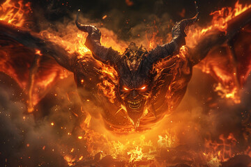 Scary sinister devil is in hell with dramatic fire lighting