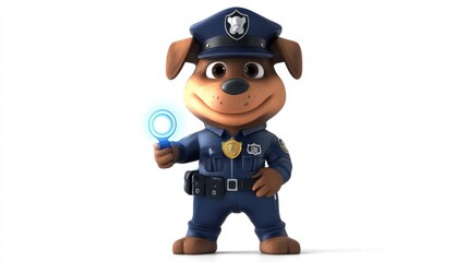 Cute Cartoon Dog Police Officer Holding Blue Light Tool