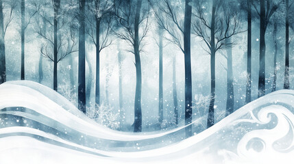 Winter forest with abstract snowdrifts and bare trees.