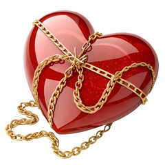 Glossy red love heart tied with golden chain, isolated on white background. transparent PNG.

