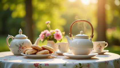 Fototapeta premium Delightful afternoon tea in the garden with steaming teapot and fresh-baked cookies on a sunny day