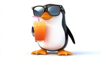 Fototapeta premium Fun Cartoon Penguin Wearing Sunglasses Holding a Drink