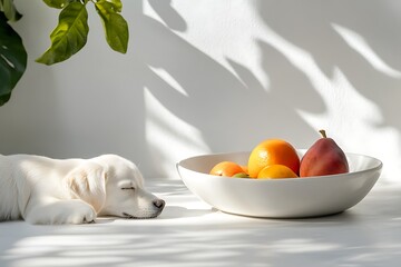 White ceramic bowl with fresh fruit on a white table