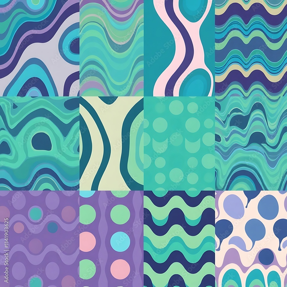Poster abstract wavy seamless pattern set: a vibrant collection of nine abstract patterns featuring wavy li