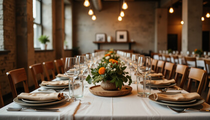 Fototapeta premium Elegant banquet setup featuring unique floral arrangements in a stylish dining space at dusk