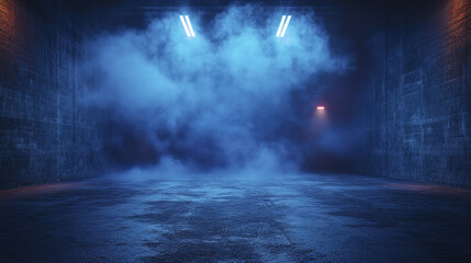 dark, empty street with mysterious blue fog and dim lighting creates eerie atmosphere