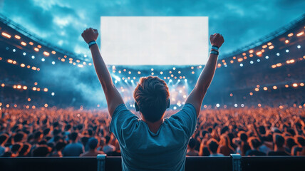 person enjoying outdoor EDM festival at night, surrounded by vibrant crowd and illuminated by colorful lights. atmosphere is electric and full of excitement