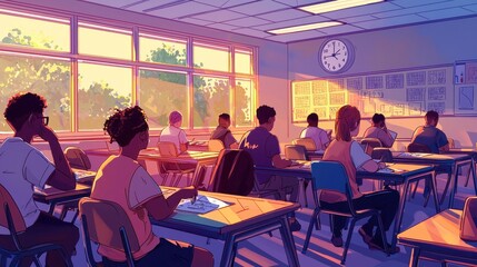 Obraz premium A math contest in a classroom, where participants sit silently, solving complex problems while judges observe. Tension mingles with determination, and the clock on the wall ticks softly, emphasizing 