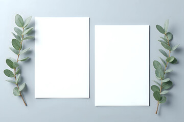 Two wedding stationery invitation cards mockup 5x7 on neutral grey background with eucalyptus leaves