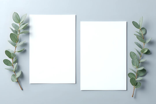 Two wedding stationery invitation cards mockup 5x7 on neutral grey background with eucalyptus leaves