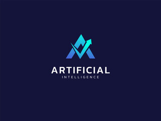 Fototapeta premium Artificial intelligence with check mark arrow overlapping in letter A technology Analysis logo vector design concept. AI technology logotype symbol for advance technology, tech company, identity, ui.