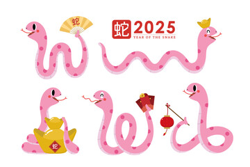 Happy Chinese new year 2025 greeting card with cute snakes.  Animal zodiac cartoon character. Translate: Snake. -Vector