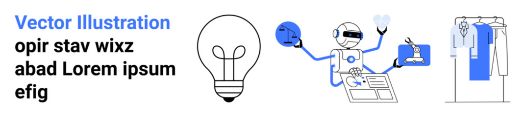 Robot with globe and light bulb, laptop with graphs, and clothes on rack. Ideal for technology innovation, global connectivity, data analysis, modern retail, creative thinking, futuristic concepts