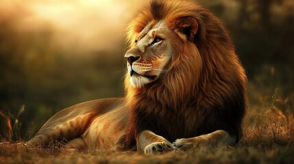 Obraz premium Majestic lion, king of the jungle, with flowing mane, stares intently in this wildlife portrait