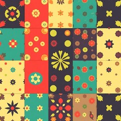 Autumnal Floral Patchwork: A vibrant and cheerful seamless pattern featuring a patchwork of autumnal-inspired floral designs. Perfect for textile prints, home decor, and more. 