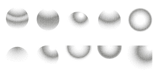 Circles noise texture dotwork grain. Pointillism gradient pattern. Radial stochastic grange texture. Dotwork stipple halftone effect for tattoo. Dotted sphere, stipple element. Vector background