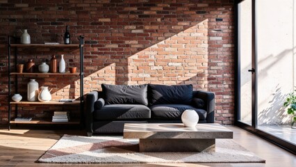 Generative AI, Industrial-inspired minimalist living room with red brick wall, black sofa, and concrete coffee table