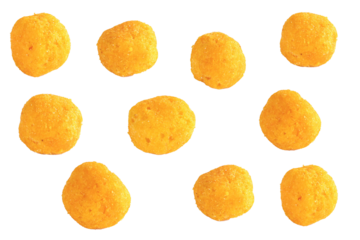 snack ball with cheese flavor isolated on white background. ring shaped snack with cheese flavor. png file, transparent background