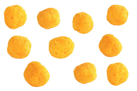 snack ball with cheese flavor isolated on white background. ring shaped snack with cheese flavor. png file, transparent background