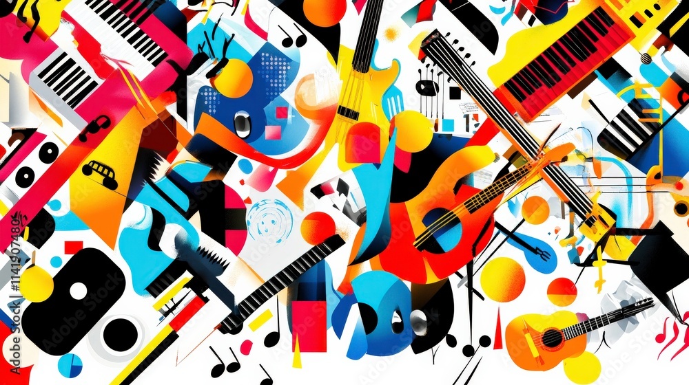Poster vibrant abstract composition featuring various musical instruments and notes in dynamic colors for a