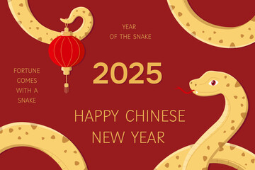 New year background with the symbol of 2025 snake and Chinese lanterns. Fortune comes with a snake. Happy year of the snake cute vector illustration. Golden snake on red background. Lunar new year