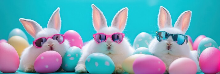 Three chic bunnies don sunglasses against a vibrant backdrop, embodying a fun and trendy Easter vibe.