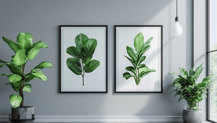 Fototapeta premium Two framed botanical prints adorn a minimalist grey wall, flanked by potted plants.