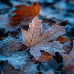 Frost-covered Autumn Leaves on the Ground Create a Stunning Natural Display of Colors and Textures in a Tranquil Outdoor Setting