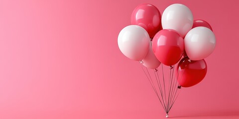 Realistic 3D Rendering of Vibrant Pink, Red, and White Balloons on a Soft Pink Background for Party Decorations and Celebrations