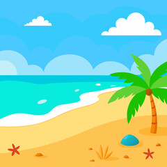 Golden Sand Beach with Turquoise Waters and Palm Trees Under a Bright Sky