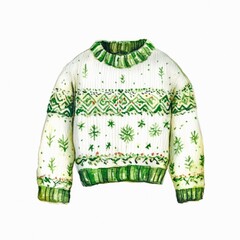 Watercolor illustration of a white sweater with green Christmas ornament isolated on white background.