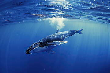 Fototapeta premium Fantastically beautiful majestic huge whale in deep ocean