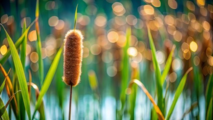 A single cattail in the sunlight, surrounded by blurred bokeh of other cattails and green reeds