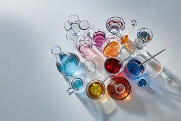 Fototapeta premium Laboratory glassware with colorful liquid on abstract watercolor background.