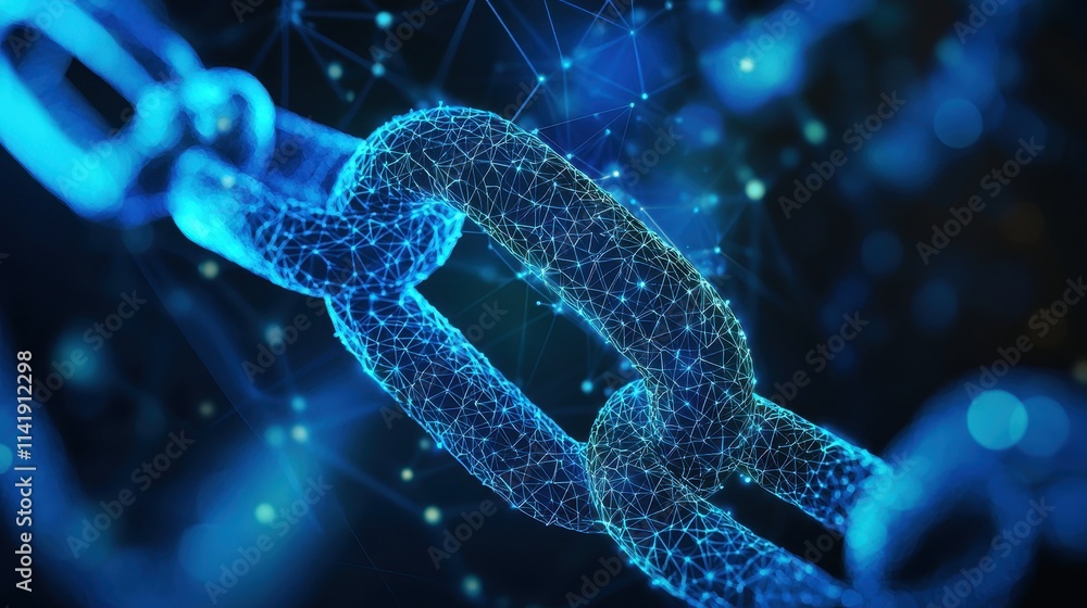 Poster digital representation of cybersecurity chain with blockchain technology elements in abstract backgr