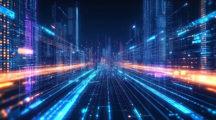 Obraz premium Abstract digital background with glowing data points and cityscape, information flow in AI universe, blue, purple, red tones, vector art, clean lines, big data visualization style.