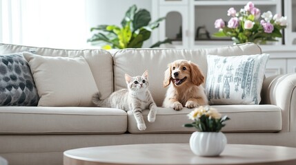 Fototapeta na wymiar Dog and cat sitting comfortably on sofa in stylish living room