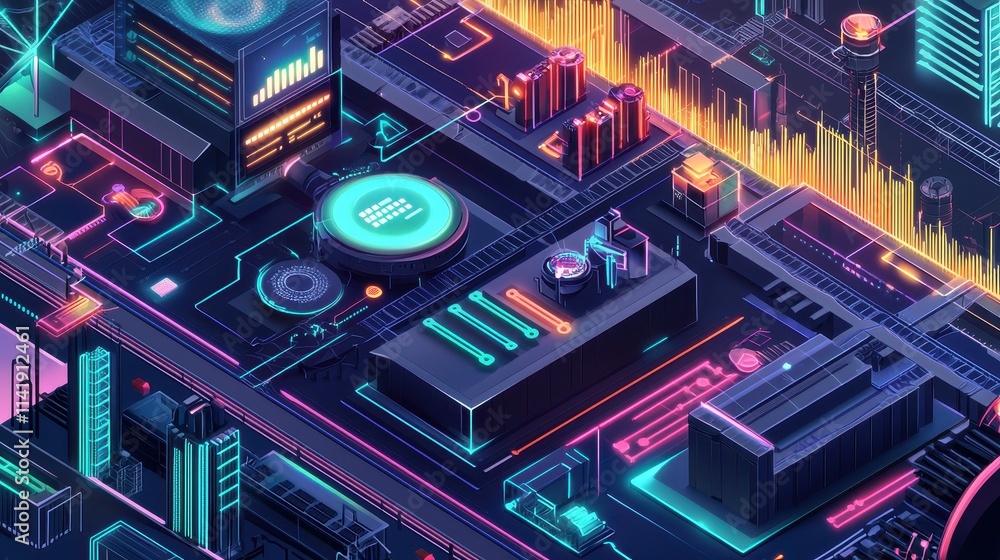 Poster futuristic digital interface illustrating ai driven analytics with vibrant neon elements and data vi