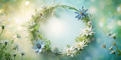 Obraz premium Serene Floral Wreath Delicate White and Blue Flowers Arranged in a Circular Frame on a Soft Green Background