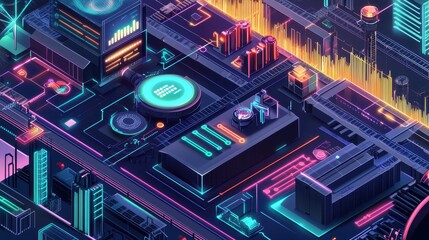 Futuristic Digital Interface Illustrating AI Driven Analytics with Vibrant Neon Elements and Data Visualization