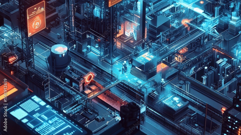 Poster futuristic industrial factory floor powered by smart ai technology with advanced automation systems 