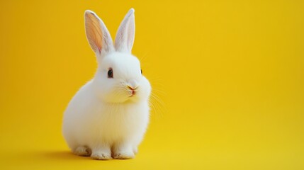 Obraz premium White fluffy rabbit isolated on bright yellow background