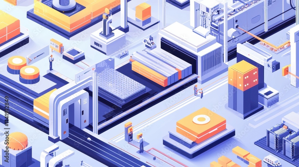 Poster futuristic factory floor with machines and optimizations in a digital environment for machine learni